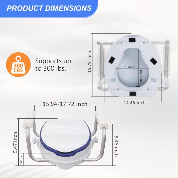 Raised Toilet Seat with Handles, Add 5 inch, Fits Round Toilet