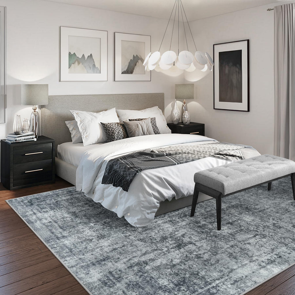 Black Grey 8x10 Washable Non-Slip Vintage Abstract Low-Pile Area Rug