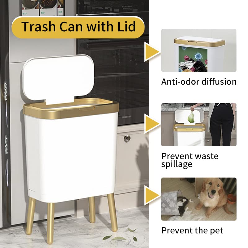 Procade 2Pack White Trash Can with Lid, Bathroom Trash Can with Gold Edge, Narrow Modern Garbage Can for Bedroom, Slim Plastic Trash Bin for Room,Kitchen, Living Room, Office,4 Gallon Retail $56.00