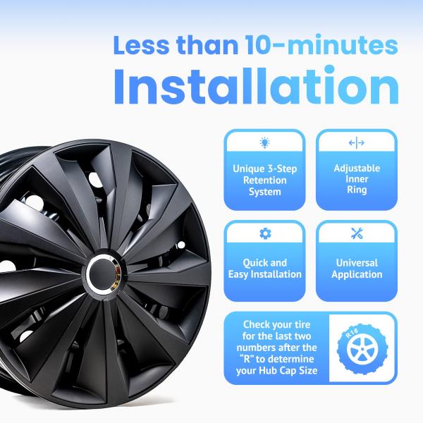 Action Vehicle Wheel Covers 16 Inch Hub Caps Set of 4 Black