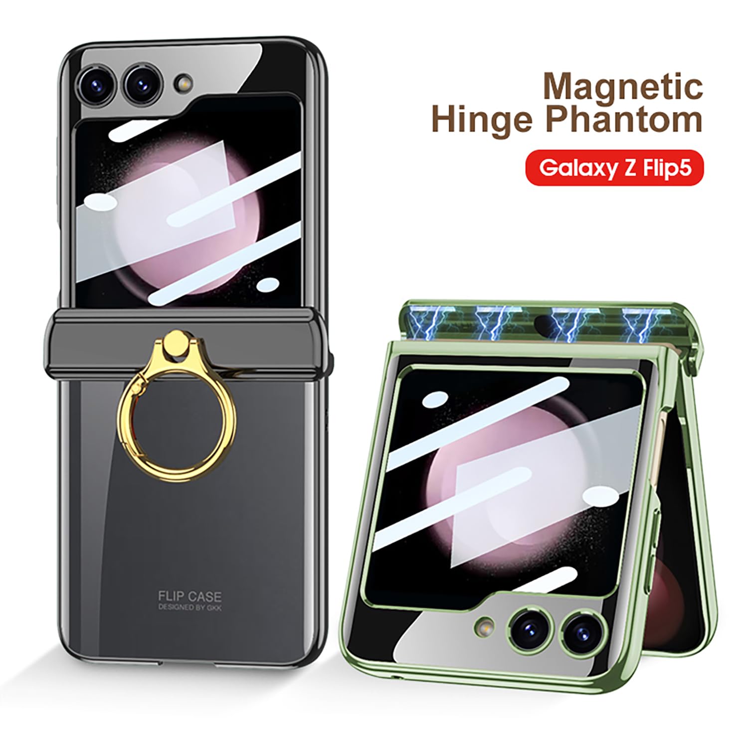 Samsung Galaxy Z Flip 5 Magnetic Hinge Ring Protection Clear Flip Case with Screen Protector Gold