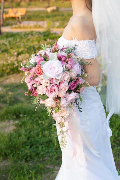 12 Inch Cascade Wedding Bouquet for Bride Fuchsia  Pink Silk Artificial Flowers