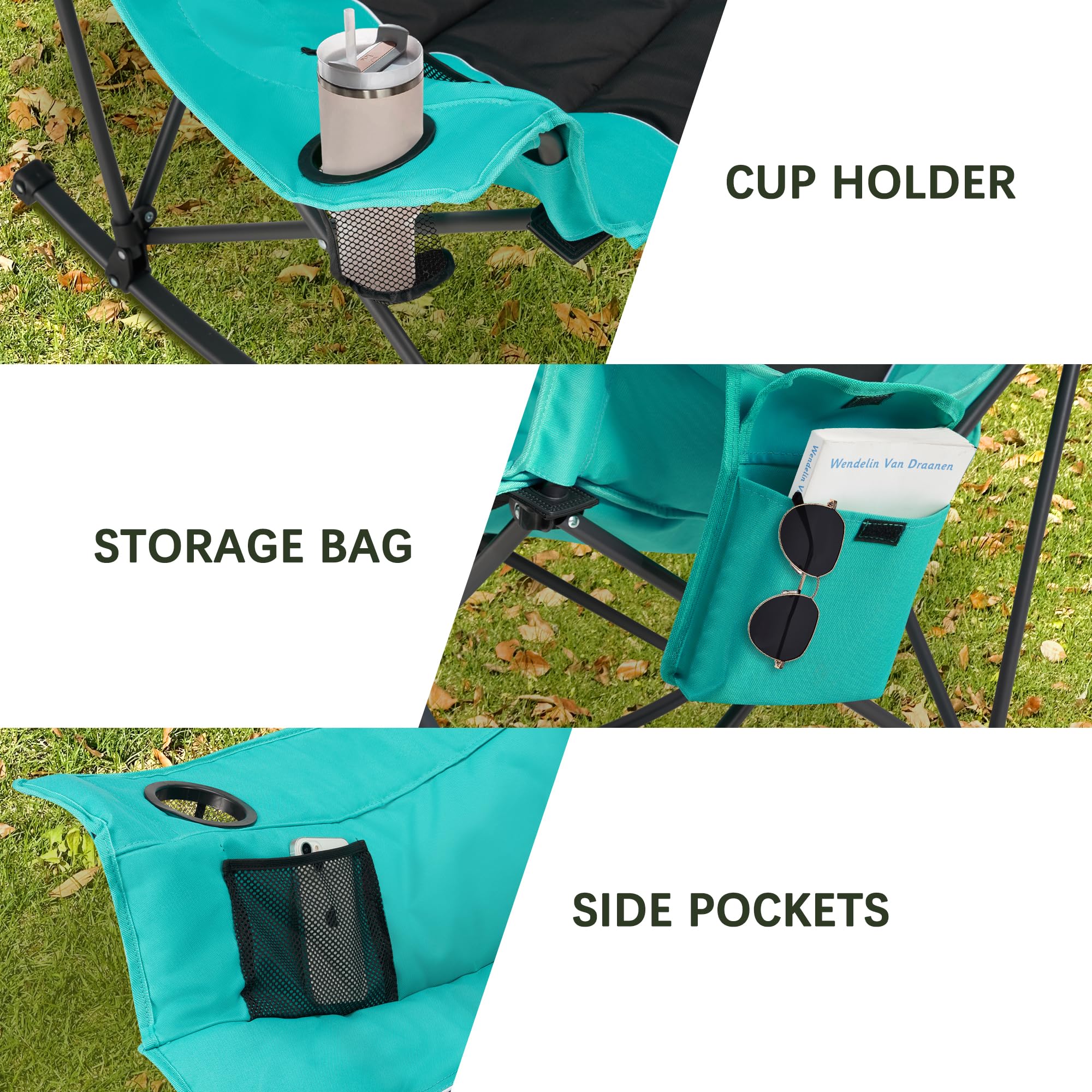 Oversized Folding Rocking Camping Chair w Headrest  Cup Holder 300lbs Blackgreen