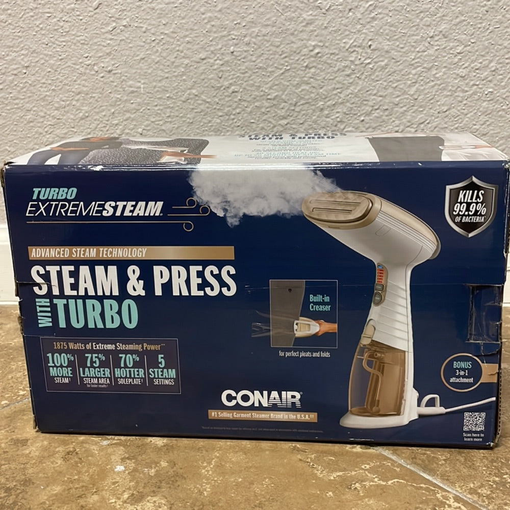 Conair Turbo Extreme Steam Hand Held Fabric Steamer, GS59X, 1875W, 15 min, 7.3 oz, White/Champagne Retail $59.00