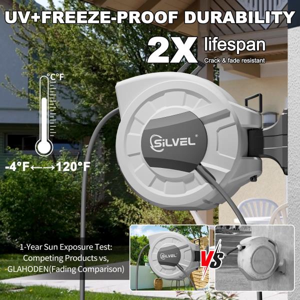 Retractable Garden Hose Reel 12 in x 100ft Wall Mount with 10 Pattern Nozzle and Swivel Bracket