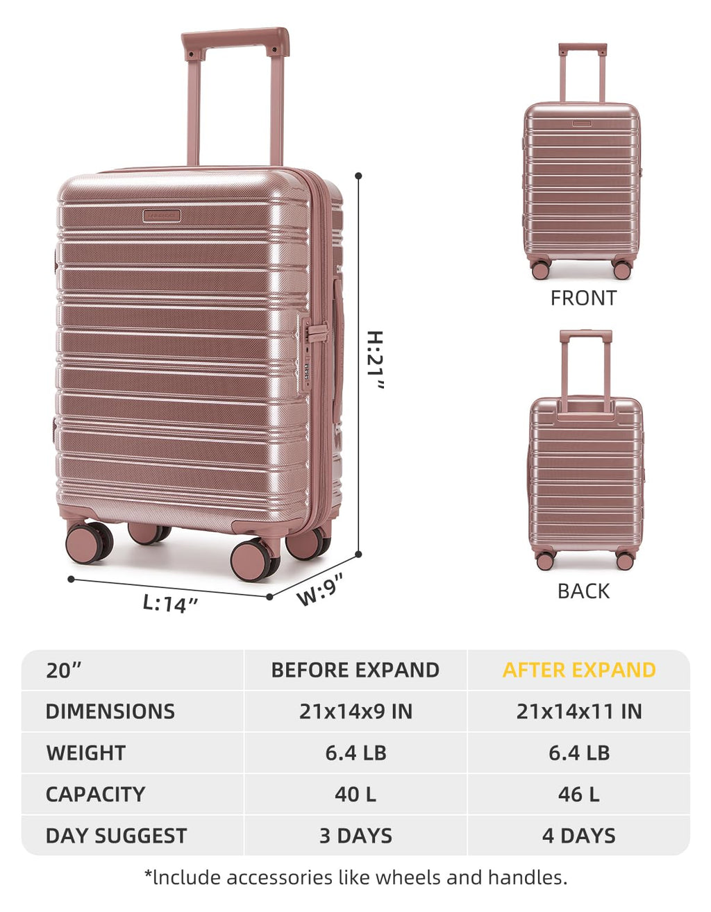 Rose Gold 20 Inch Expandable Hardside Carry On Luggage 22x14x9 with Spinner Wheels TSA Lock Retail $89.00