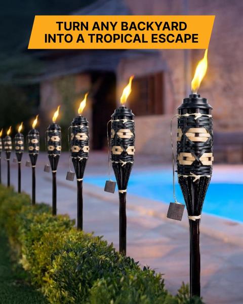 Backyadda Bamboo Torches for Outside, Compatible with All Tiki Torches Fuels, Extra-Large (16oz) Metal Canisters and Fiberglass Wicks for Longer Lasting Burn. Stands 57" Tall. Retail $99.00