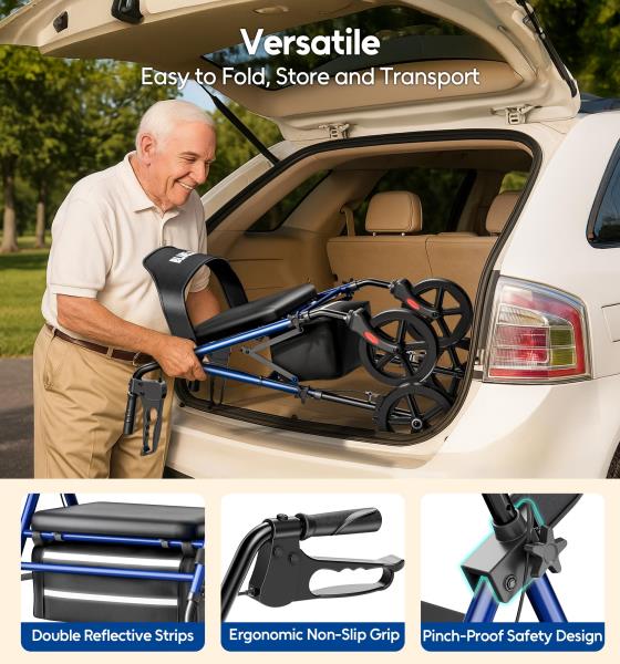Rolling Walker with Seat Cup Holder and Cane Holder 350 lbs Capacity Blue