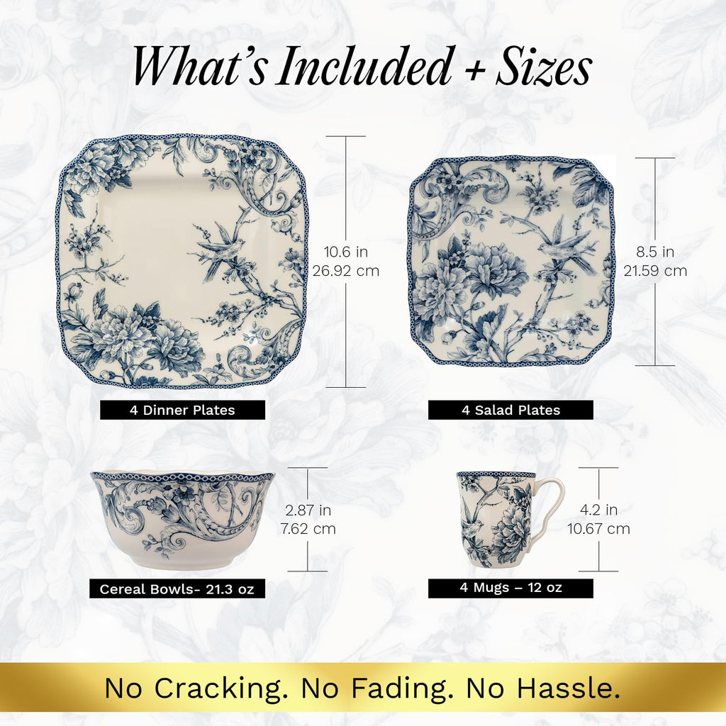 New 222 Fifth Adelaide Blue Floral Porcelain 16-Pc Microwave Safe Dinnerware Set Retail $109.00