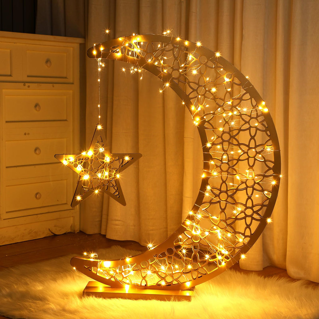 Ramadan Eid Crescent Star Wooden Light Decoration 20x17 Inches