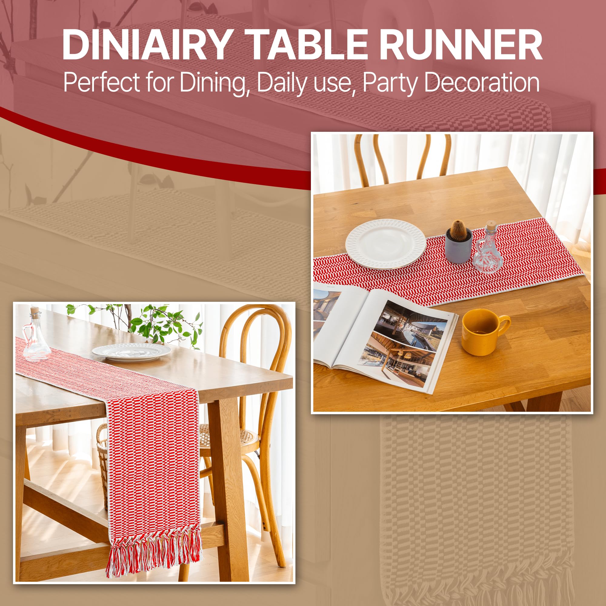 White Scarlet Red Farmhouse Woven Table Runner 104 Inch Retail $29.00
