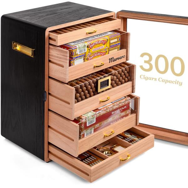 Cedar Wood Cigar Humidor Cabinet 300 Cigar Capacity 5 Drawers with Digital Hygrometer Black