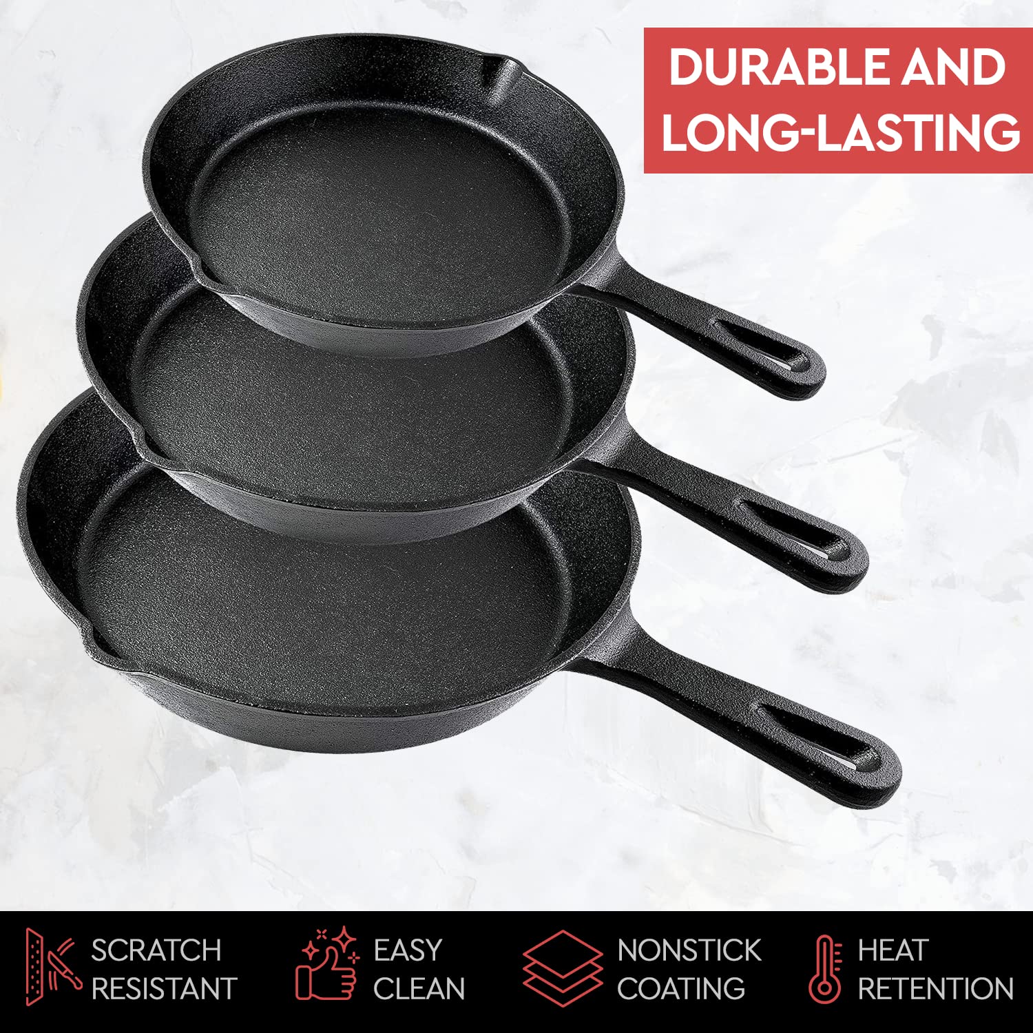 Black 3-Piece Cast Iron Skillet Set Pre-Seasoned 10 8 6.1 Pans