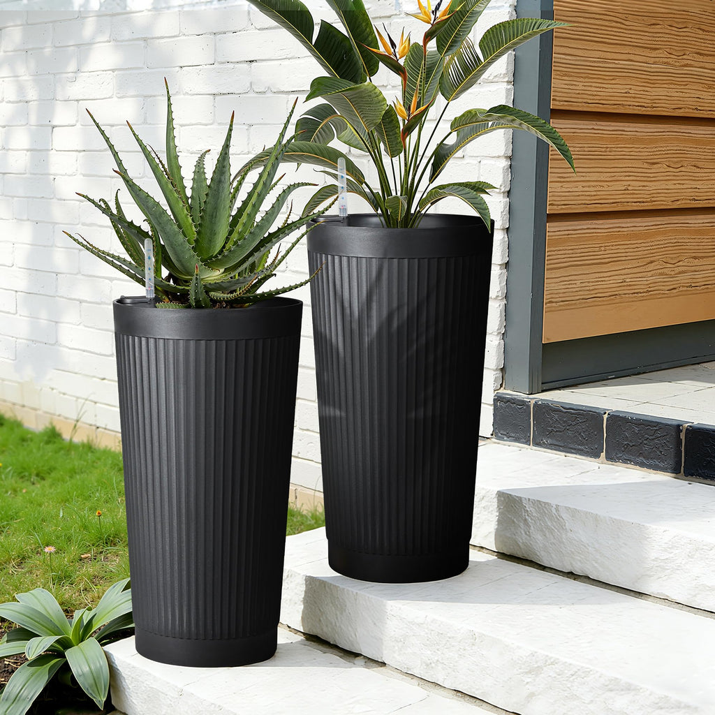 '-Pack 24in Round Plastic Self-Watering Planters with Vertical Ribbed Design Black