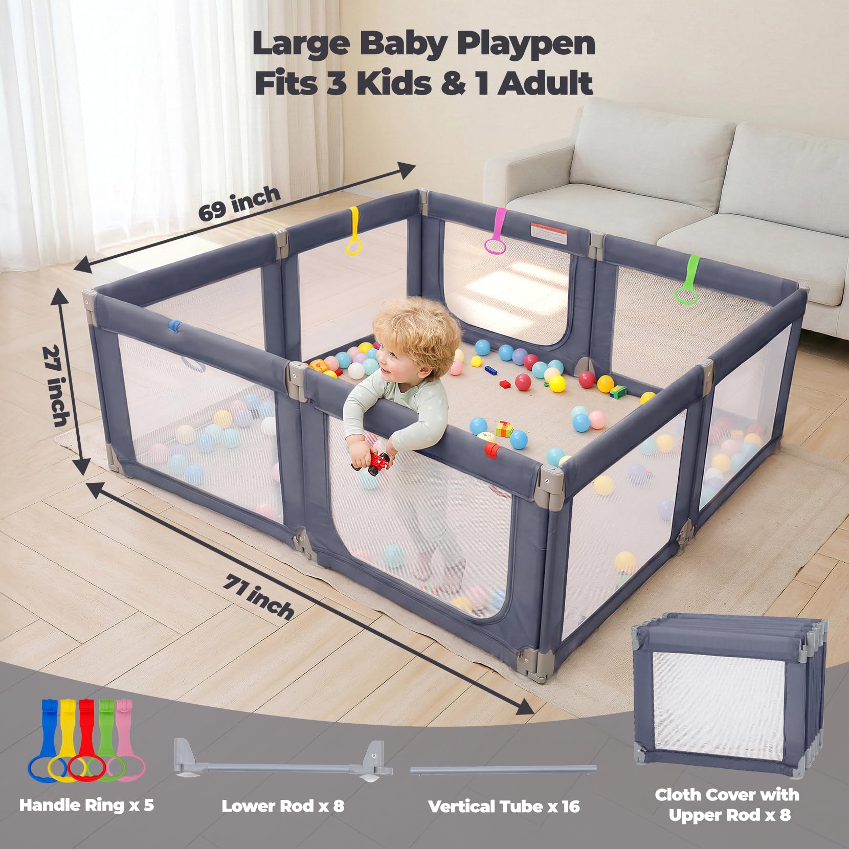 Extra Large Foldable Baby Playpen BP180 71x69 Grey