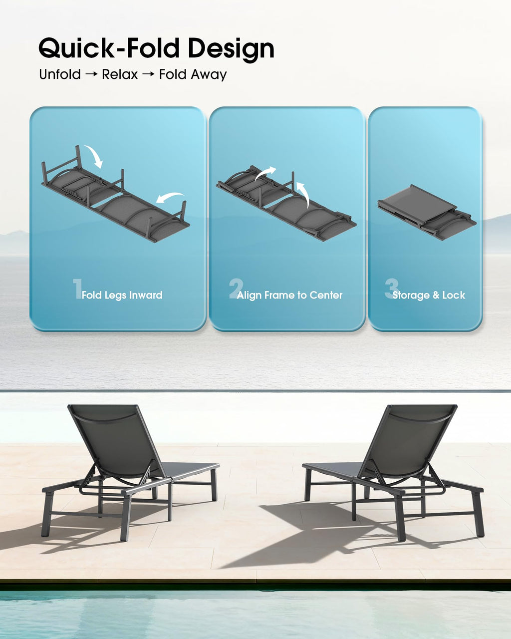 Foldable Outdoor Aluminum Patio Chaise Lounge Chair 5-Position Grey