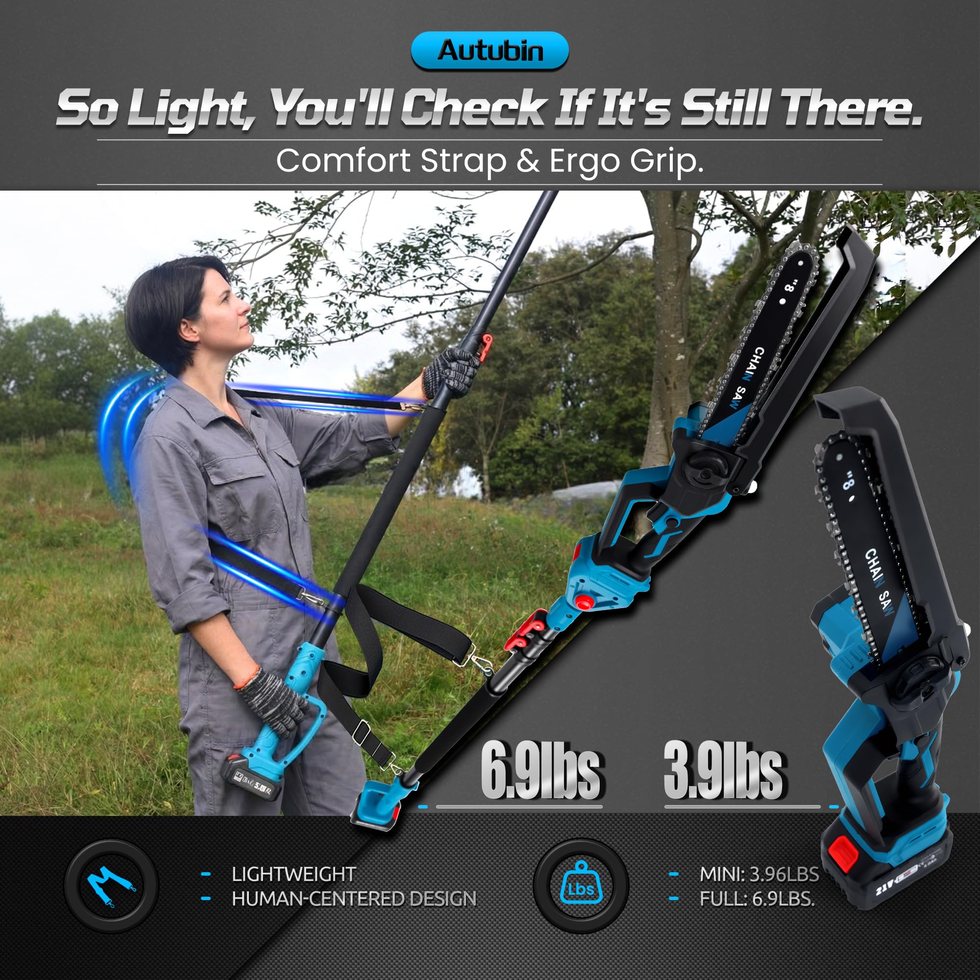 Open-Box New Autubin Cordless 2-in-1 8 Mini Chainsaw  Pole Saw 1200W Brushless.