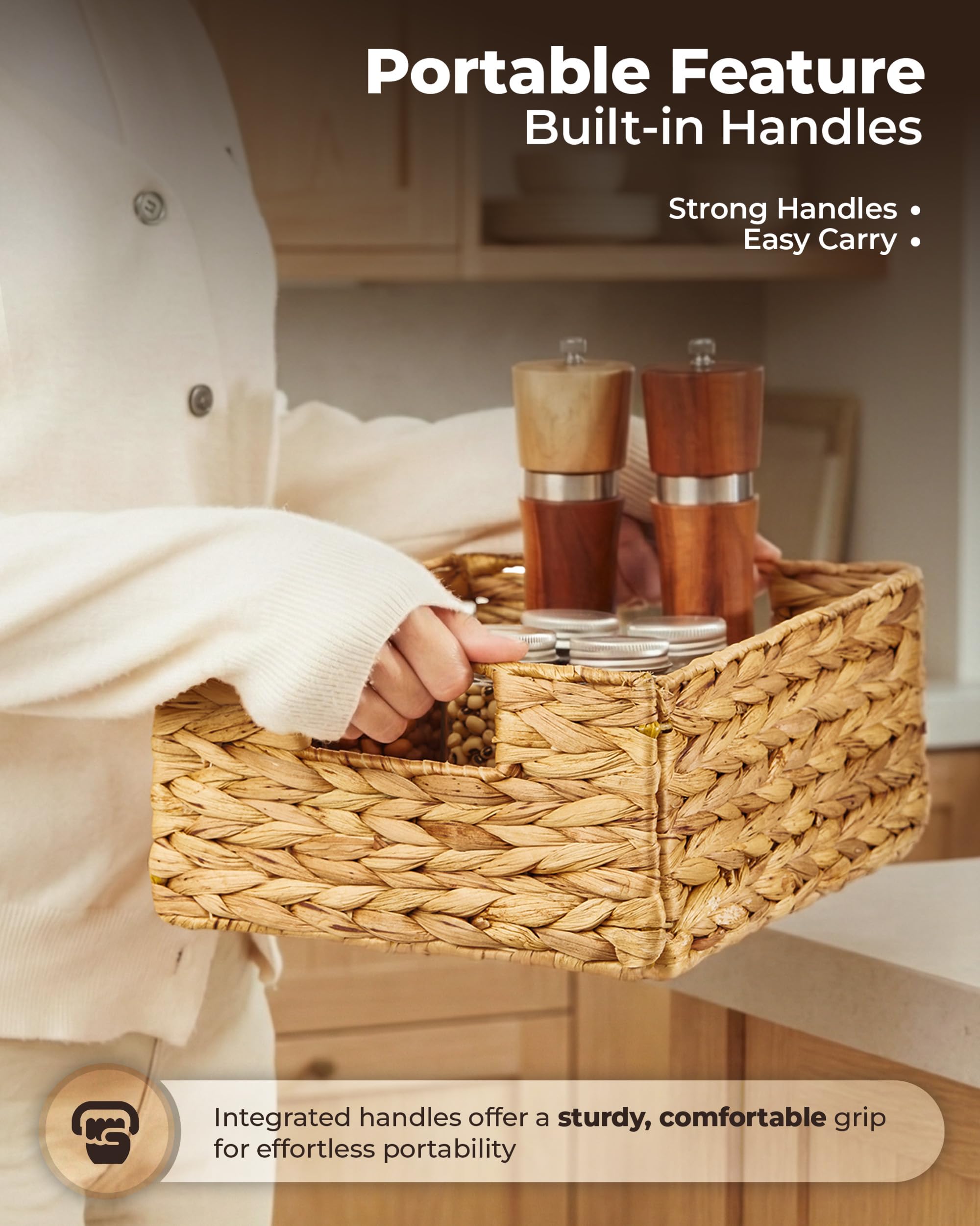 Set of 6 Natural Water Hyacinth Storage Baskets 12x8x6 Inches