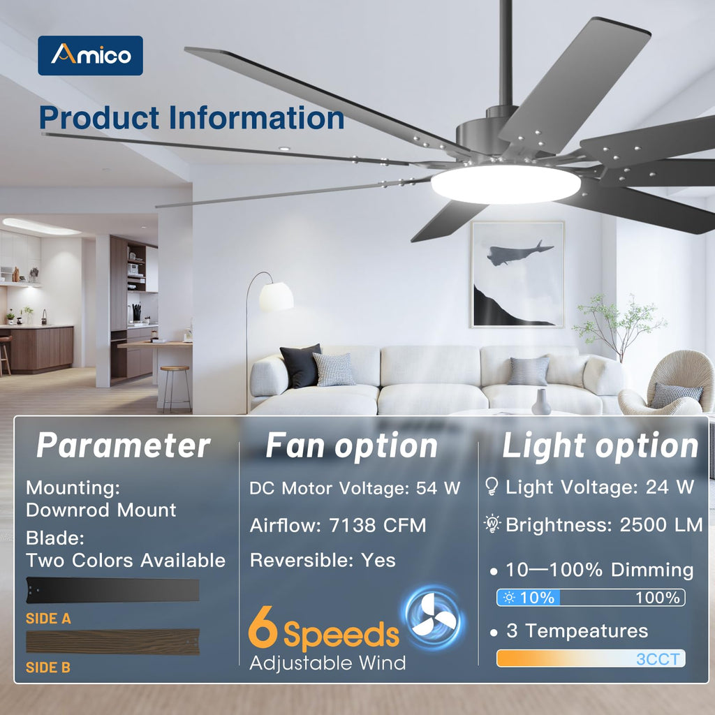 Open-Box New Amico 72 Dimmable Remote Quiet Black Modern IndoorOutdoor Ceiling Fan w Light