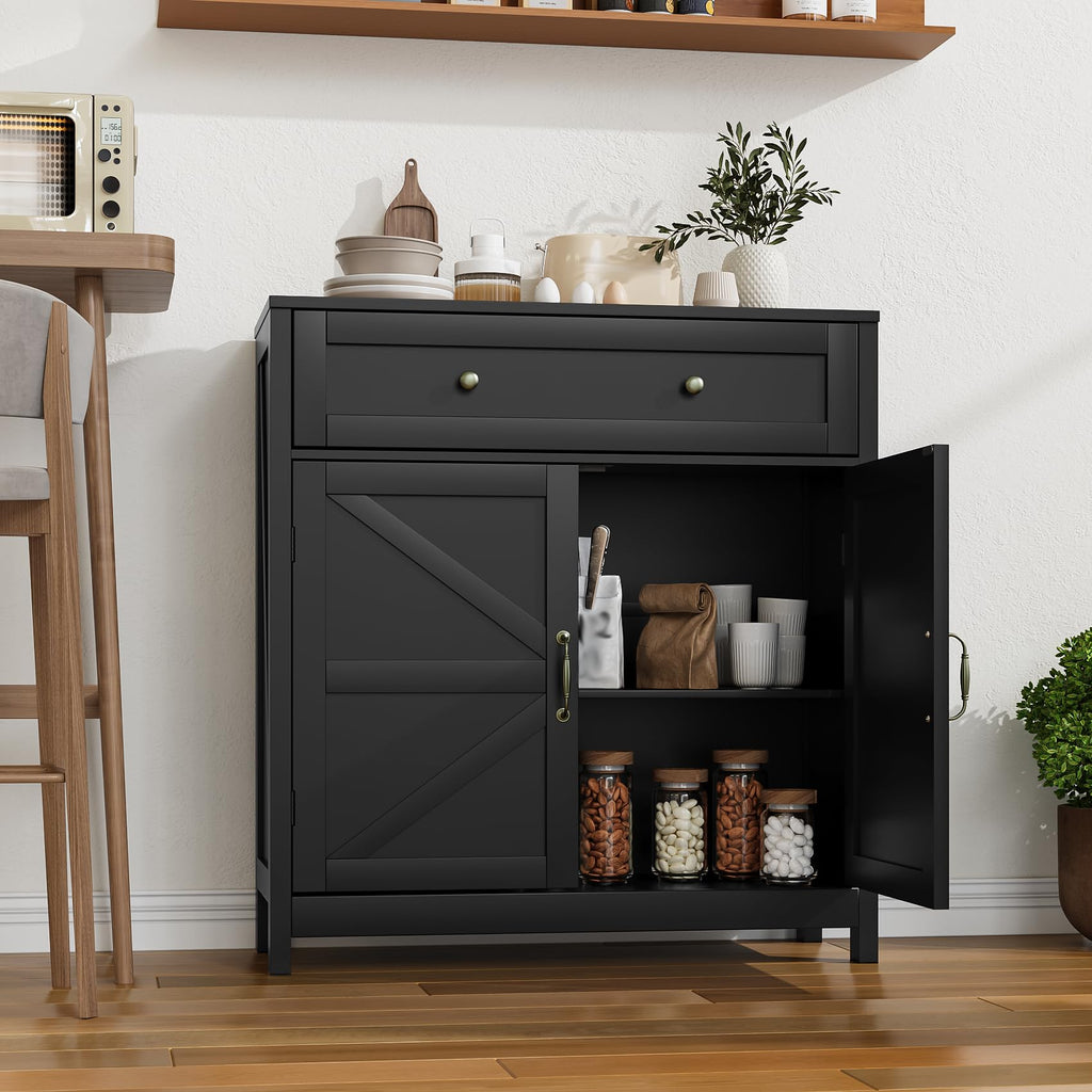 Black Farmhouse Buffet Sideboard Storage Cabinet with 2 Barn Doors