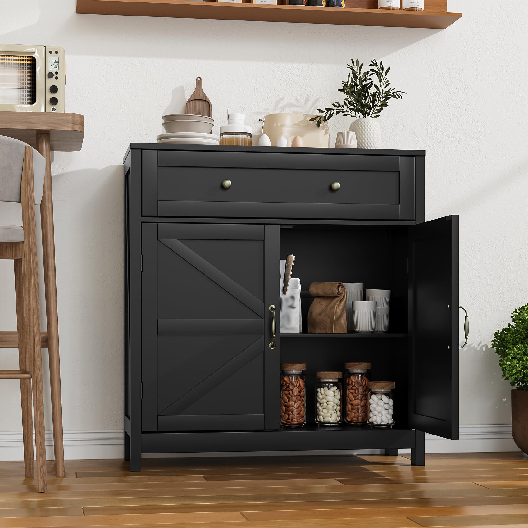 Black Farmhouse Buffet Sideboard Storage Cabinet with 2 Barn Doors