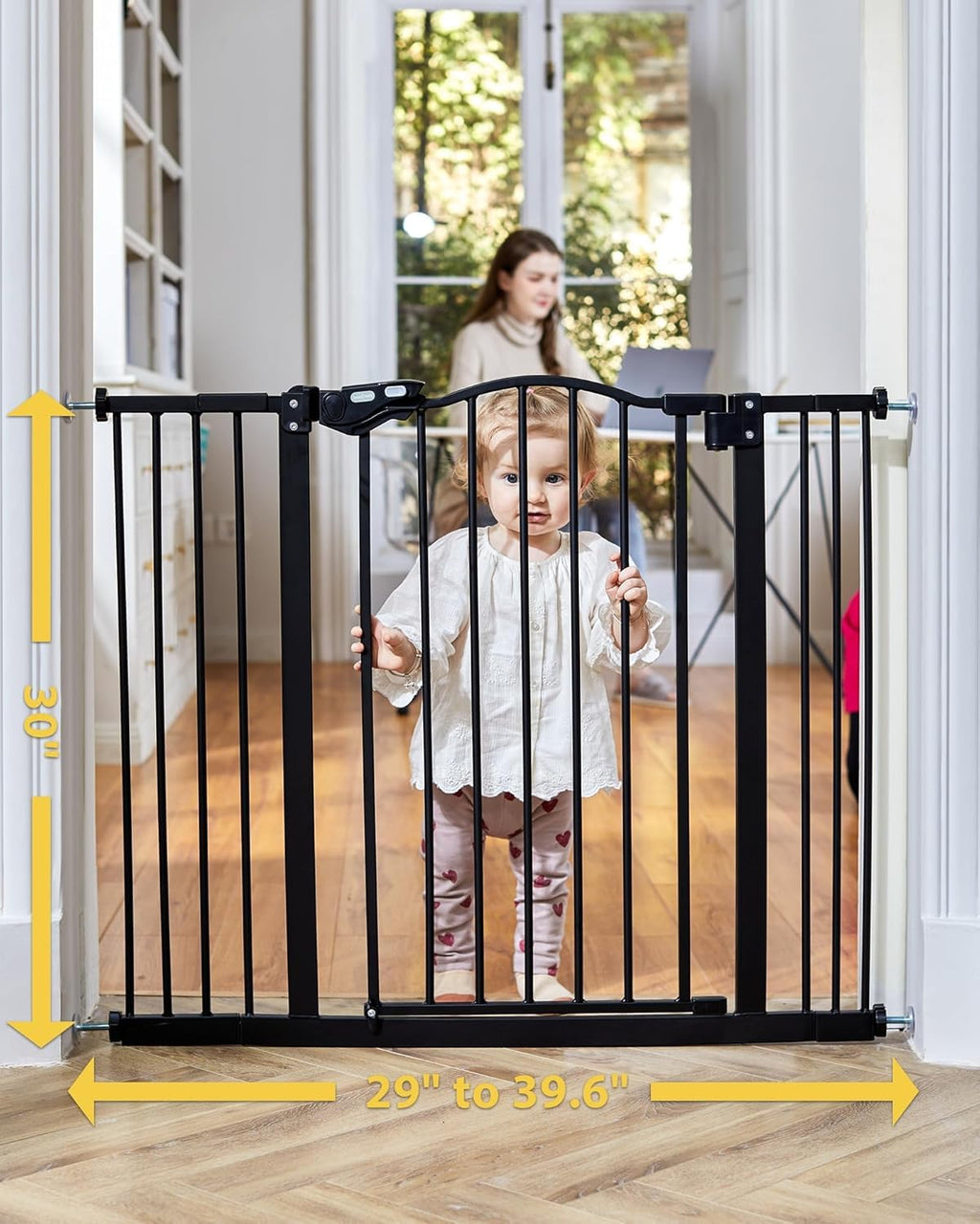 Baby Pet Gate for Stairs Doorways Hallways 29-39.6 Wide 30 Tall Black Pressure Mounted