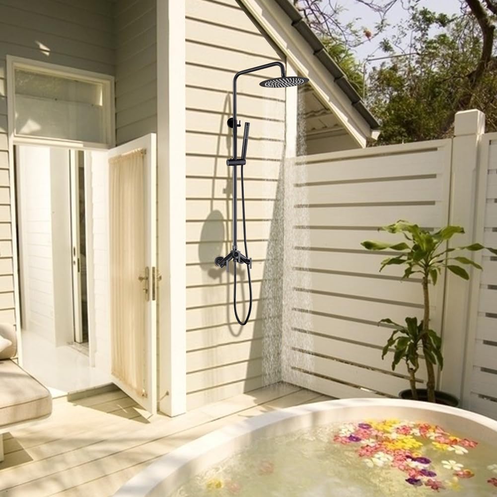 Matte Black Outdoor Shower Kit 2 Handle Wall Mounted w 8 Head  Handheld Spray