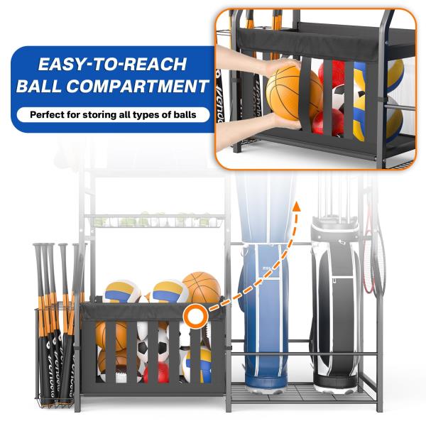 Heavy Duty Garage Sports Equipment Organizer with Golf Bag Storage Rack and Ball Holder