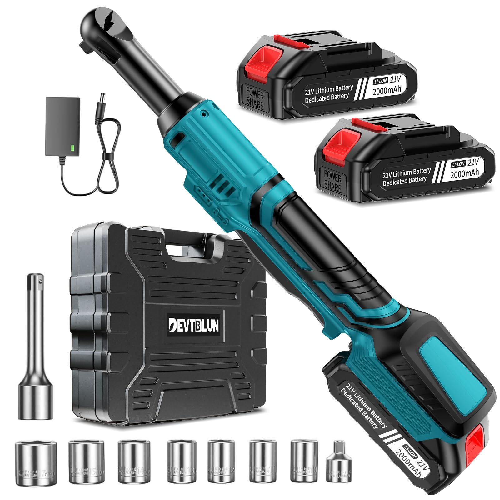 V Cordless Electric Extended 38in Power Ratchet Wrench Set 60 Ft-lbs with Sockets Blue