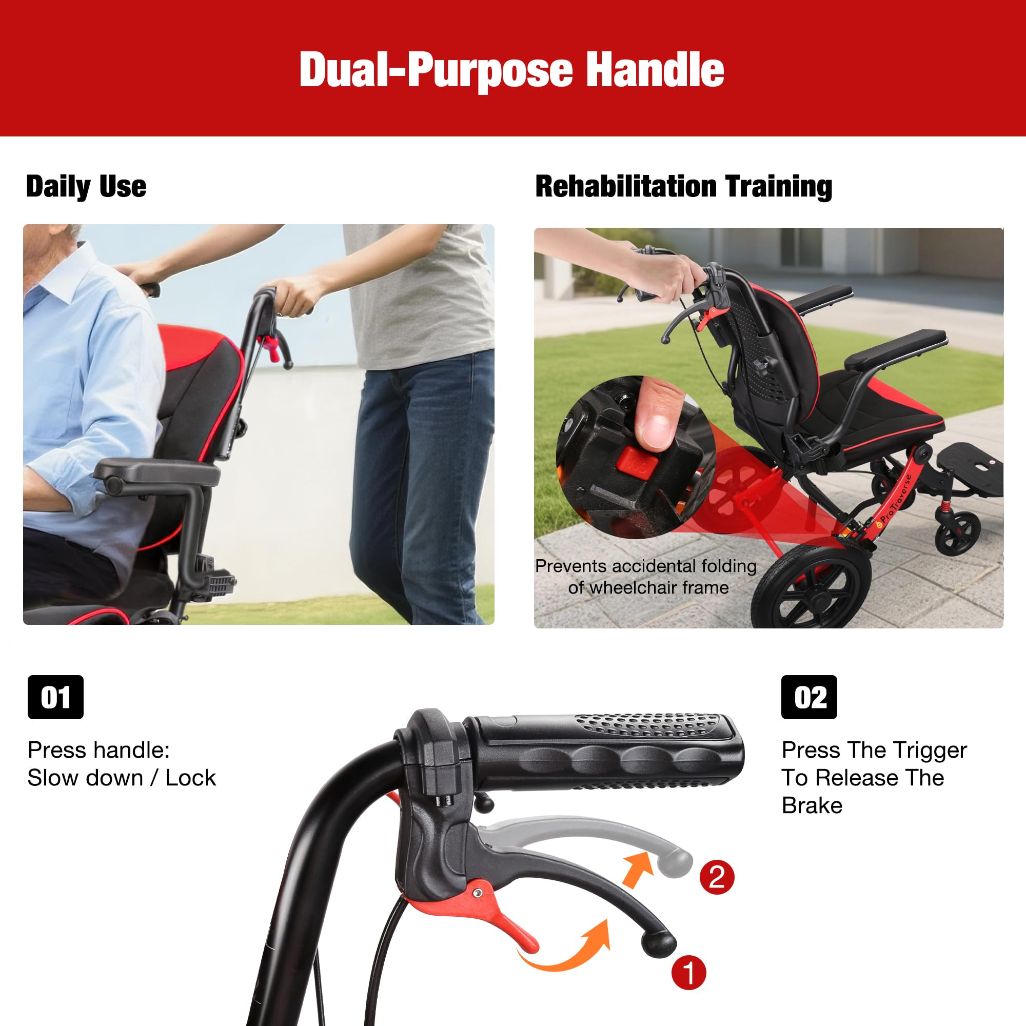 Lightweight Foldable Transport Wheelchair for Adults 11-inch Rear Wheels 300lb Capacity - RedBlack