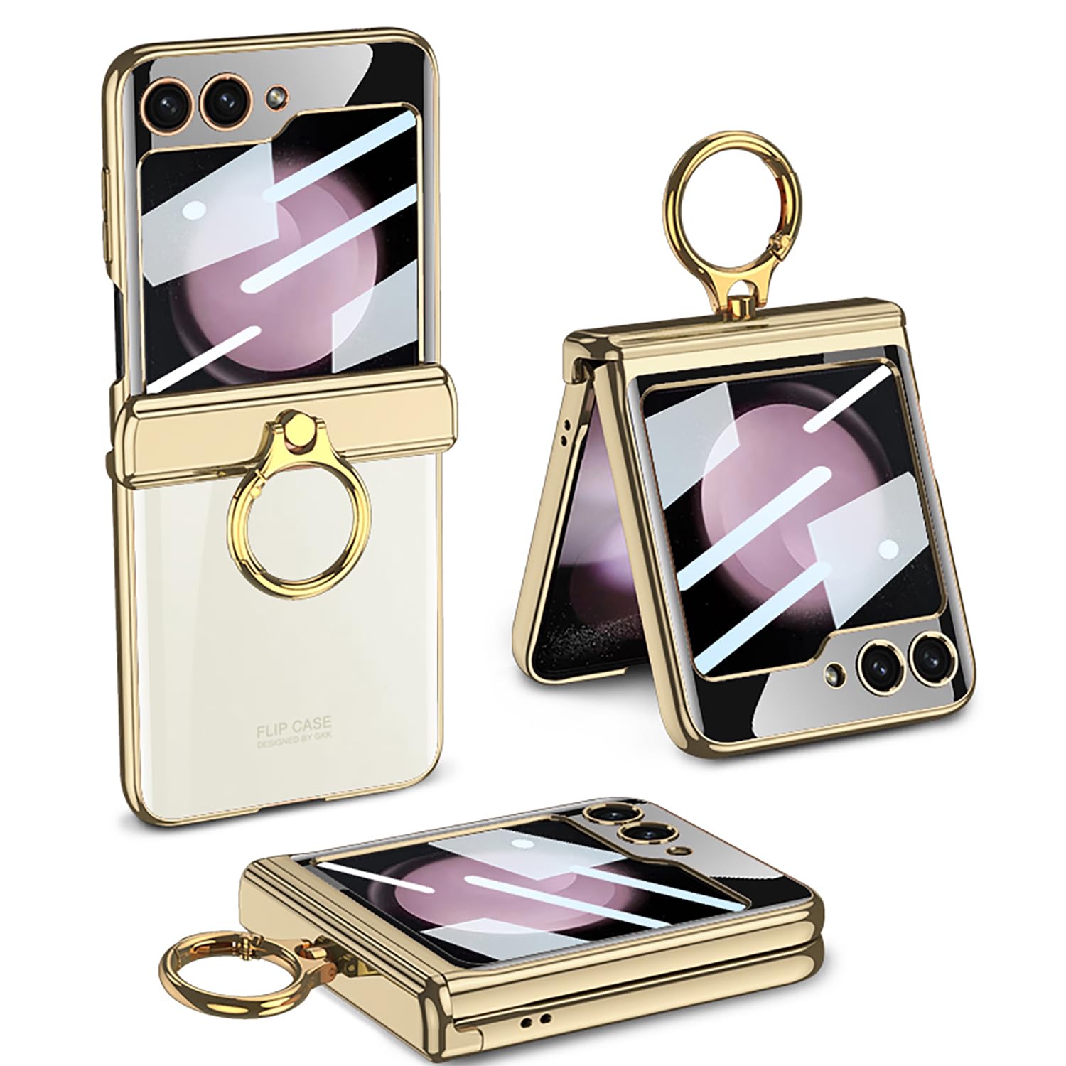 Samsung Galaxy Z Flip 5 Magnetic Hinge Ring Protection Clear Flip Case with Screen Protector Gold