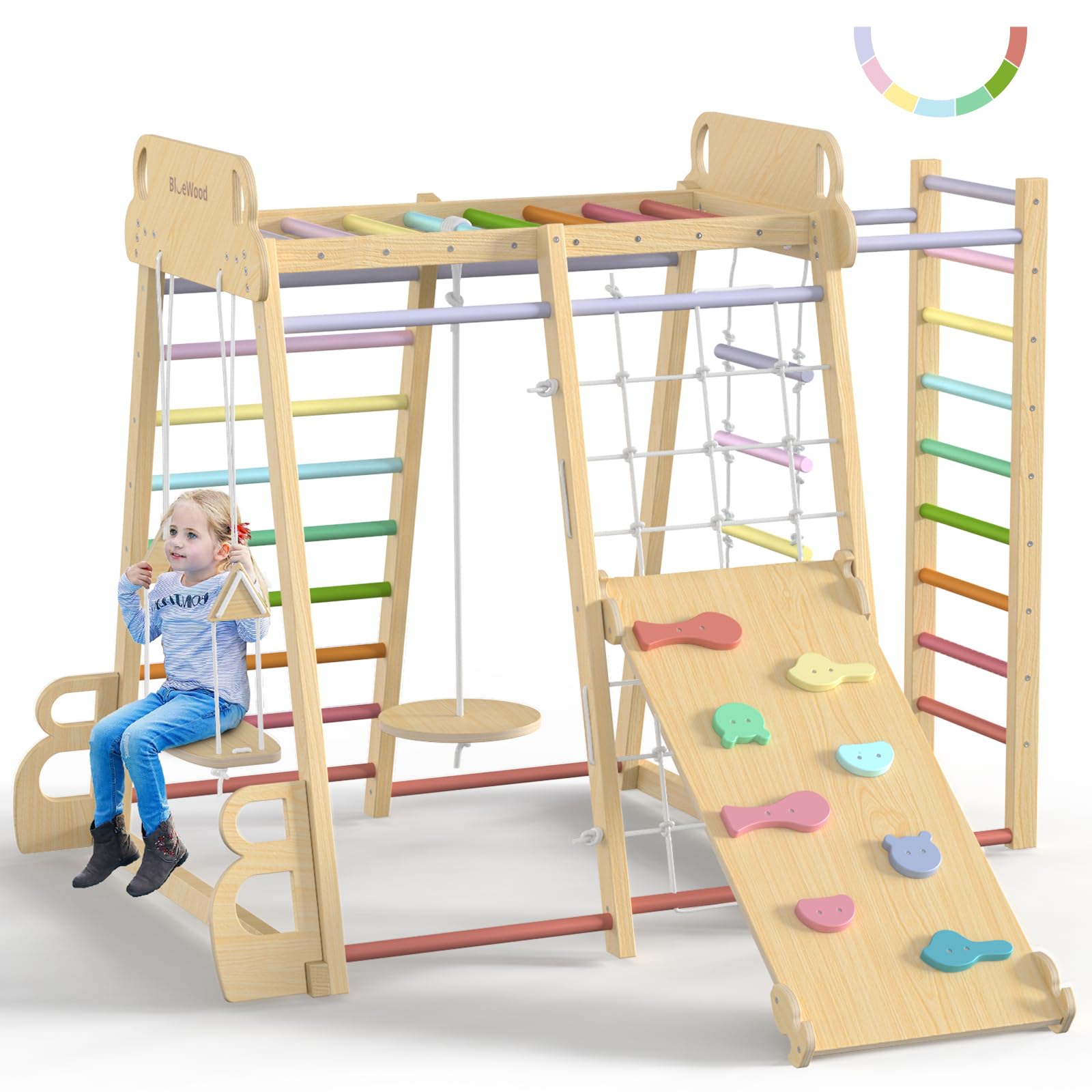 BlueWood Upgraded Indoor Jungle Gym 9-in-1 Playground Kids Climbing Toys, Waldorf Style Wooden Climber Playset with Slide, Swing, Monkey Bars, Upright/Rope Ladder, Climb Net, Rainbow