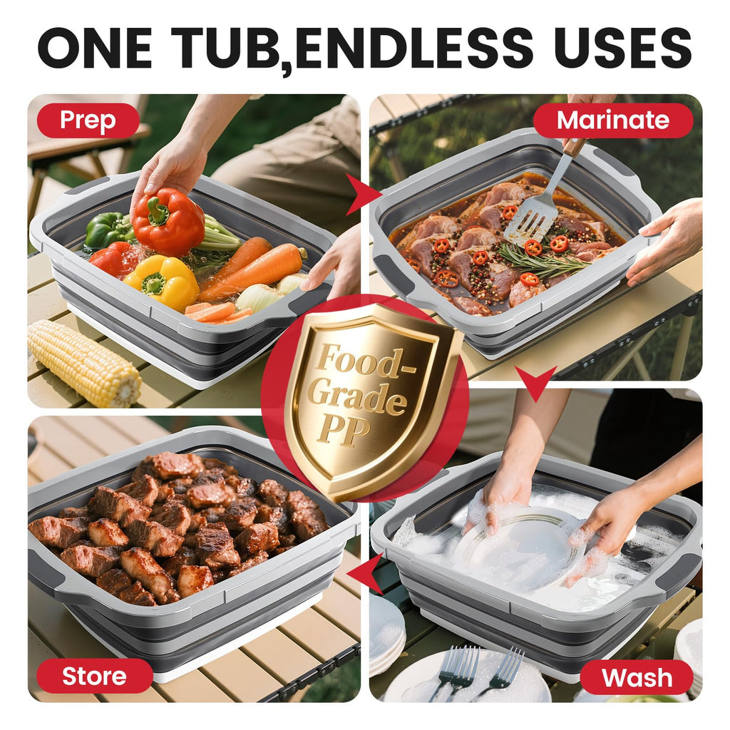 -IN-1 Large 16L Collapsible Cutting Board Prep Tub with Locking Lid Black