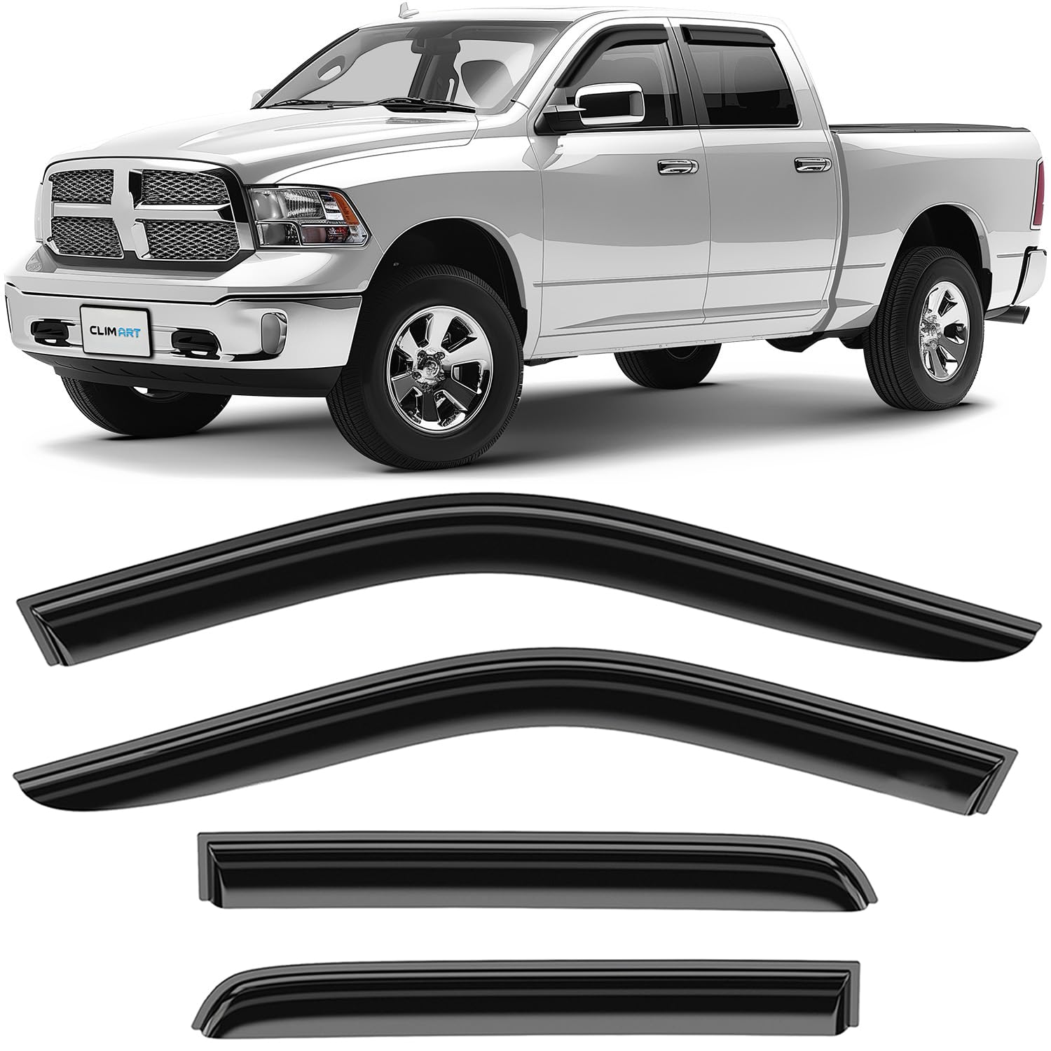 Tape-on Window Deflectors for Dodge Ram 2009-2018 Crew Cab - Dark Smoke 4pcs