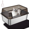 Enclosed High Sided Stainless Steel Cat Litter Box with Lid Scoop and Mats Transparent Black $59.00