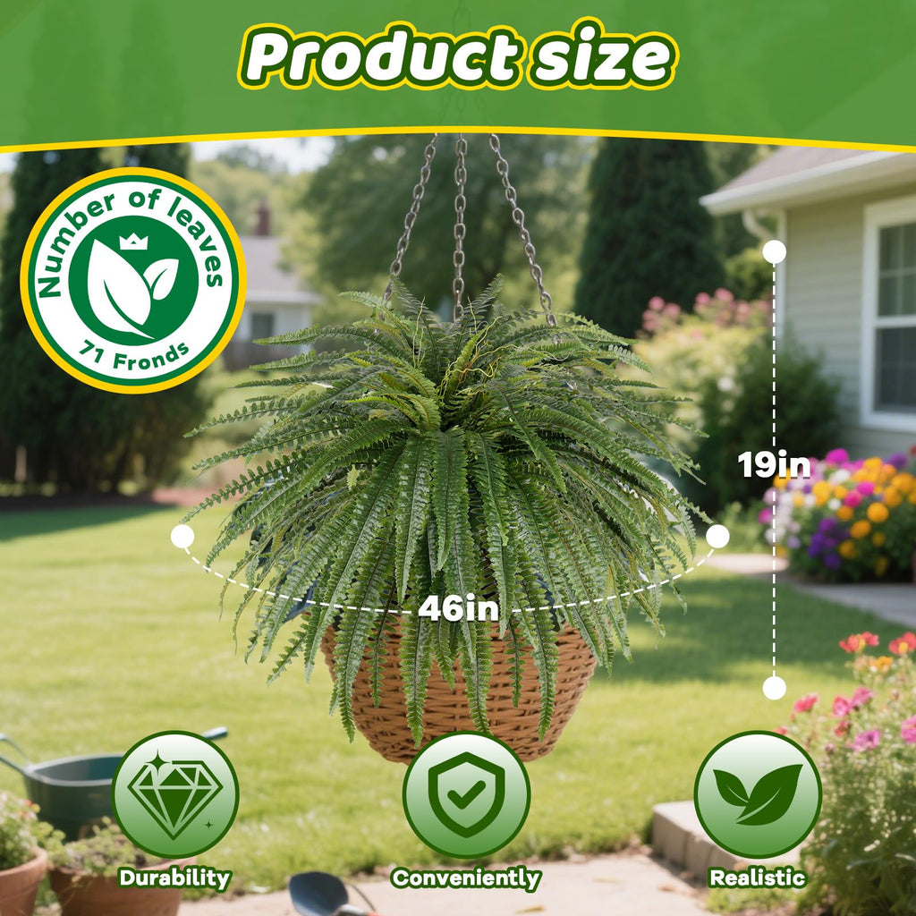 Set of 2 Green UV-Resistant Realistic Artificial Fern Plants 19 Tall