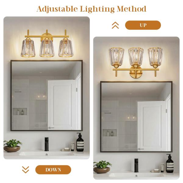 -Light Crystal Bathroom Vanity Light Fixture Gold Modern Wall Sconce with Ceramic E26 Base
