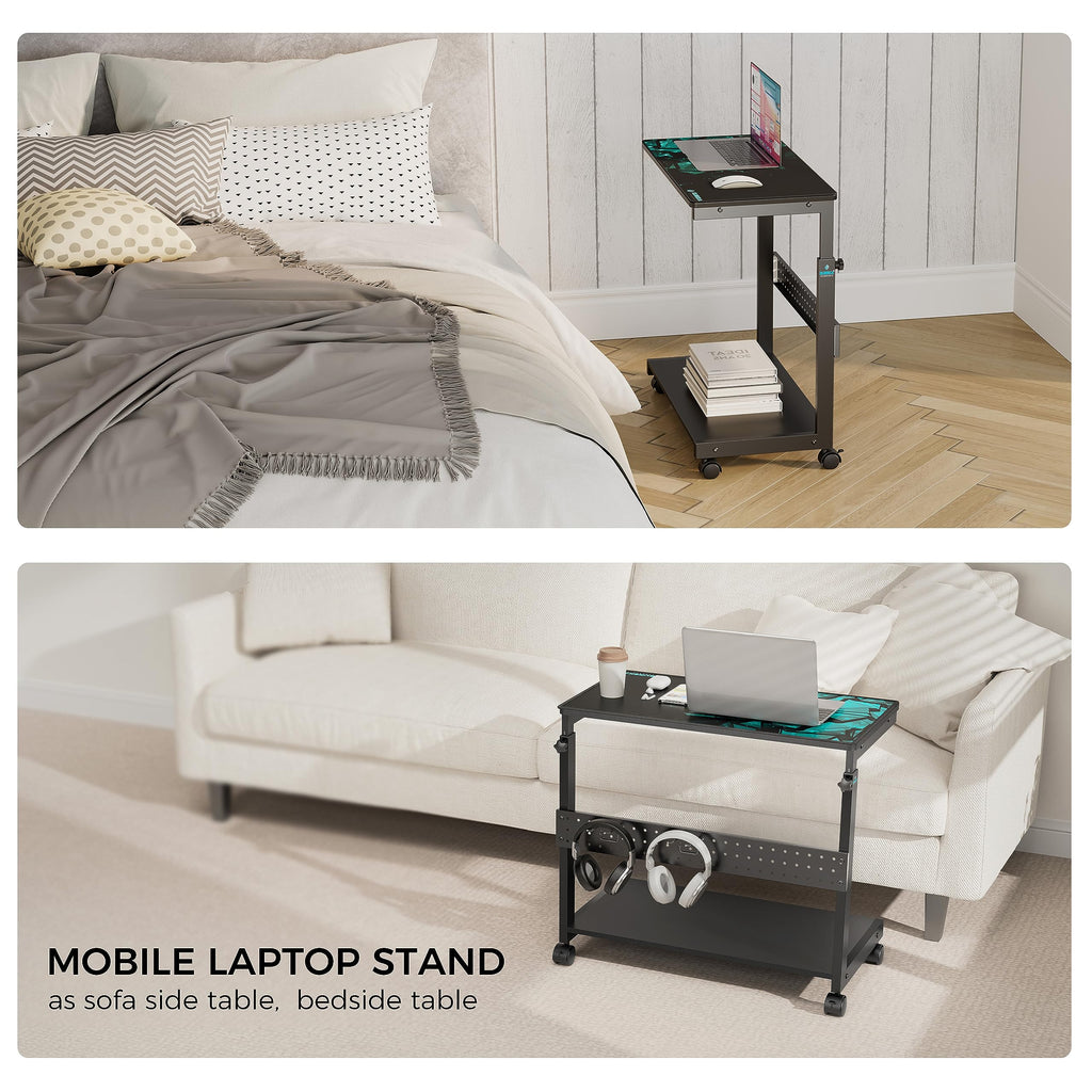 Black Height Adjustable 2-Tier PC Tower Stand Computer Cart with Wheels