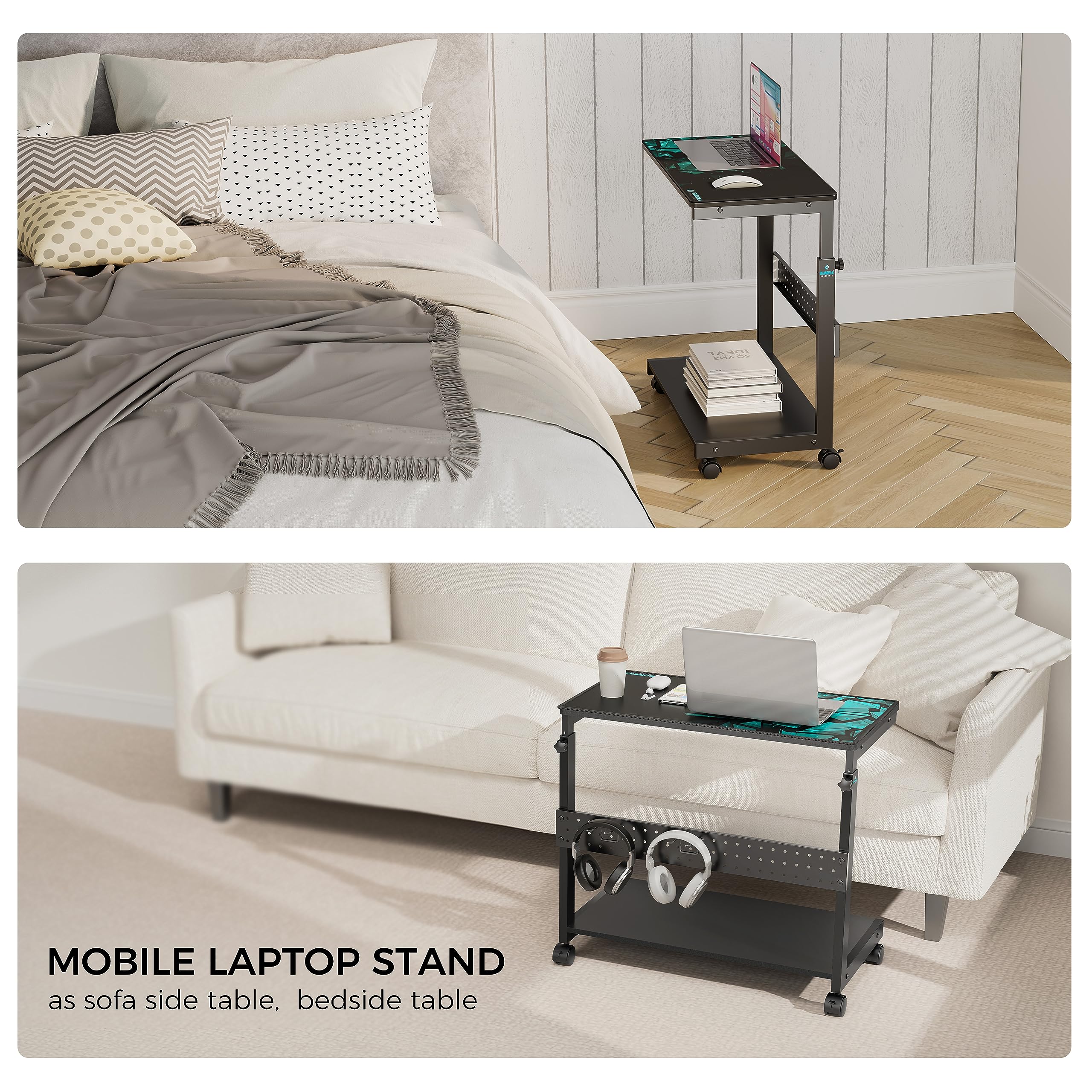 Black Height Adjustable 2-Tier PC Tower Stand Computer Cart with Wheels
