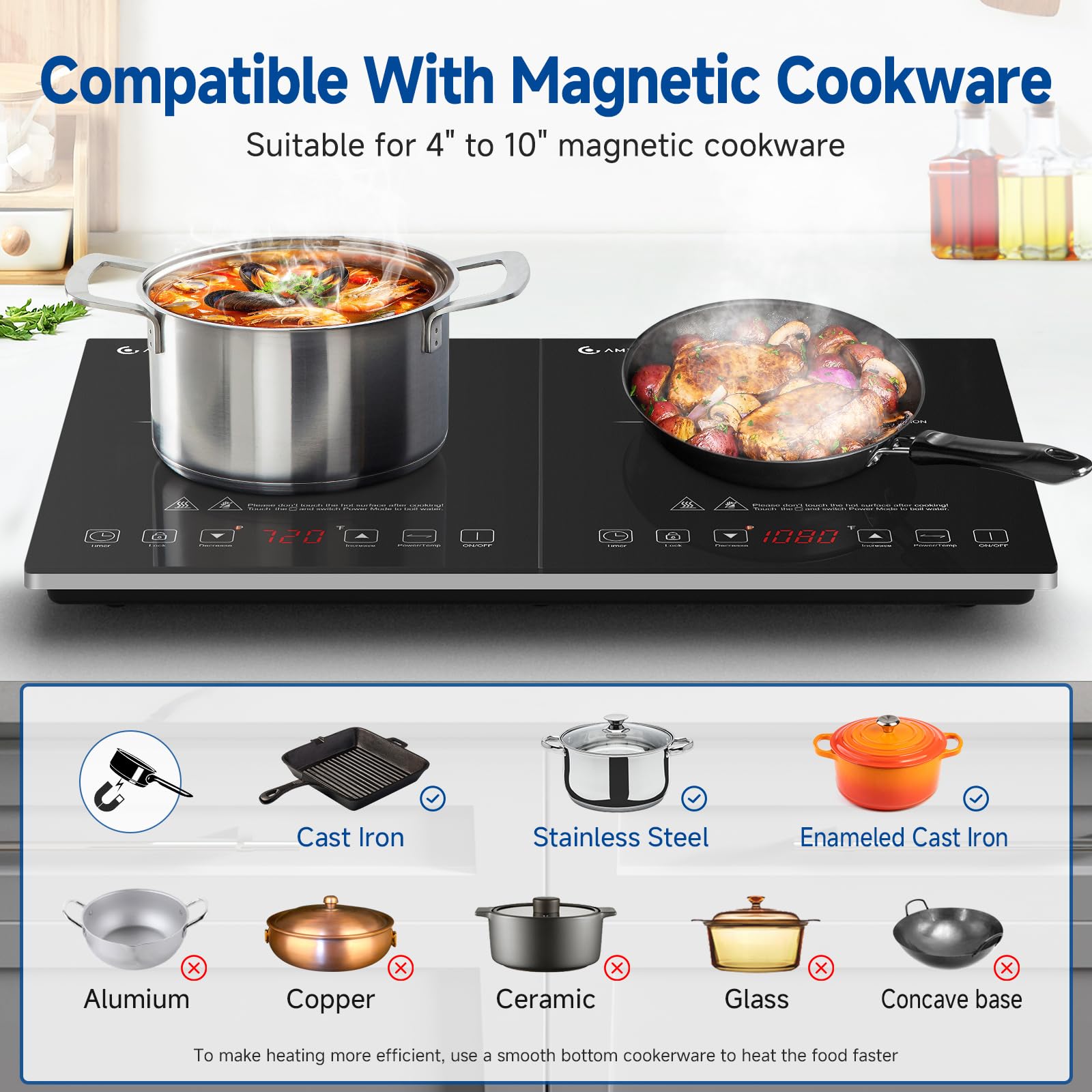 Silver  Black Glass Double Induction 2 Burner 1800W Electric Cooktop