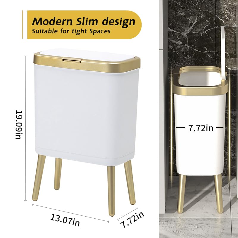 Procade 2Pack White Trash Can with Lid, Bathroom Trash Can with Gold Edge, Narrow Modern Garbage Can for Bedroom, Slim Plastic Trash Bin for Room,Kitchen, Living Room, Office,4 Gallon Retail $56.00