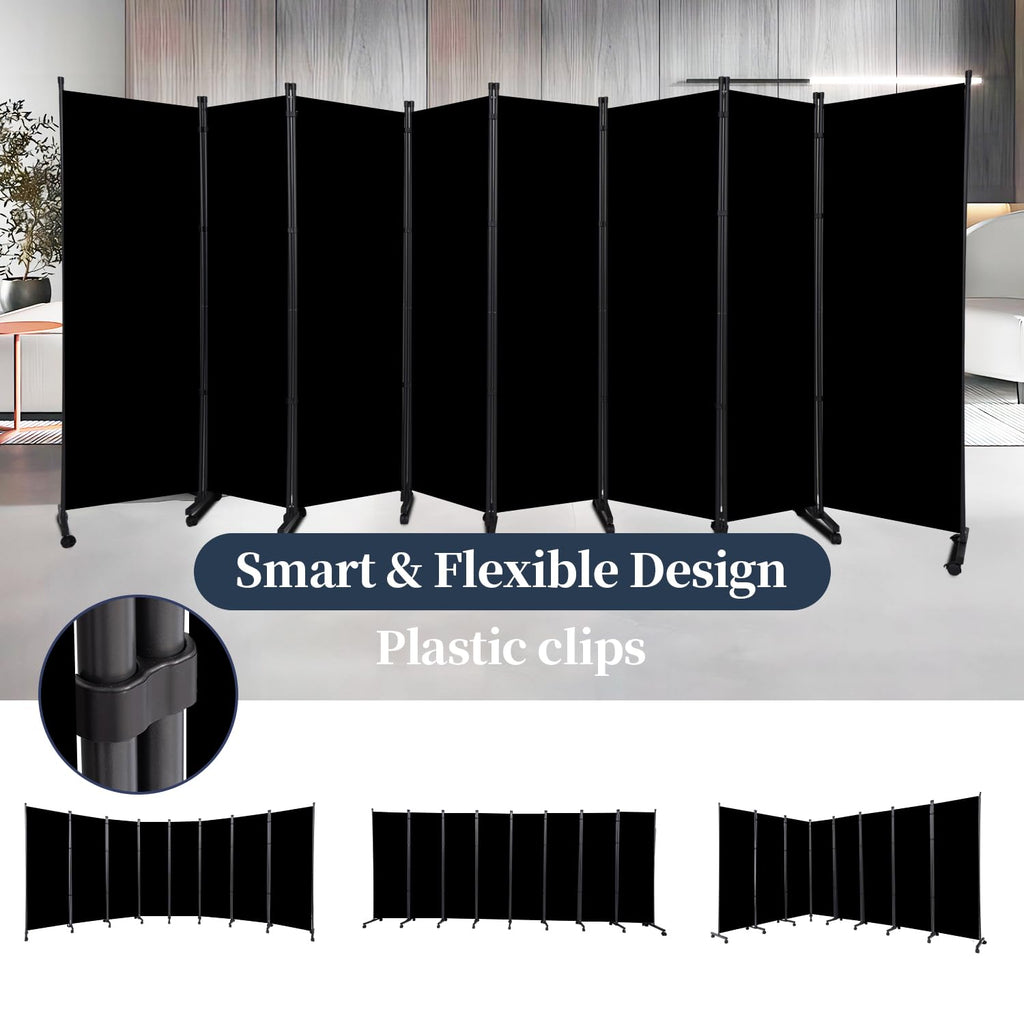 Black Folding Fabric Room Divider Privacy Screen with Lockable Wheels 176L x 72H