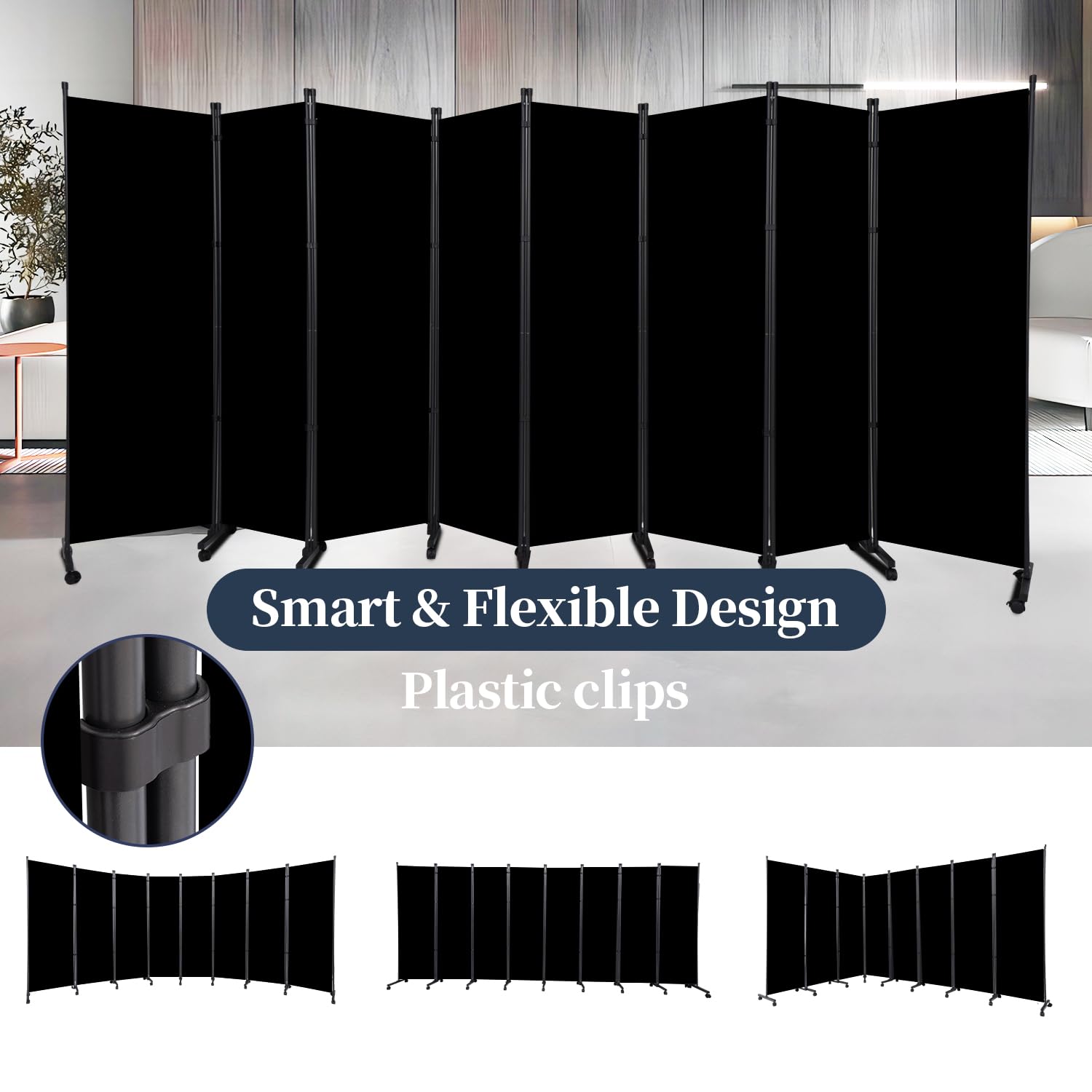 Black Folding Fabric Room Divider Privacy Screen with Lockable Wheels 176L x 72H