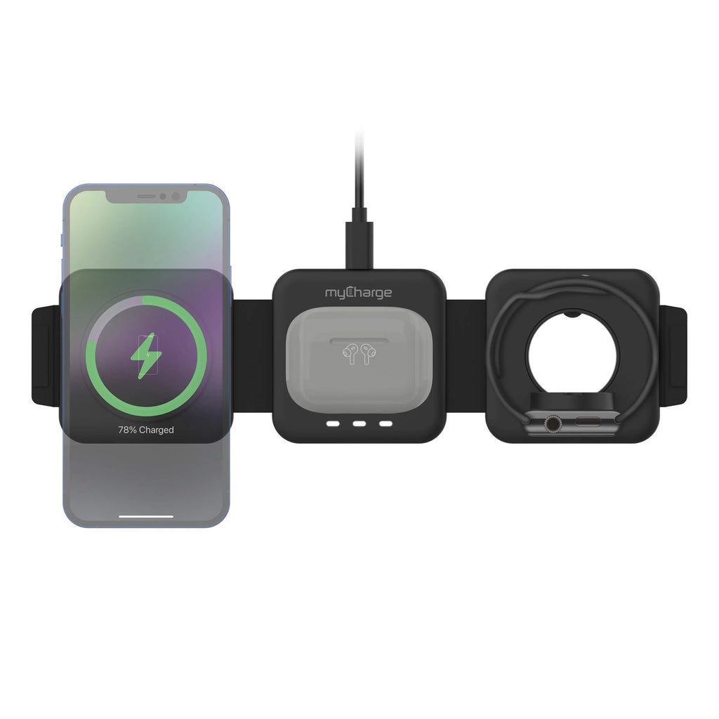 Black 3-in-1 Folding Wireless Charging Pad for Phone Earbuds Watch