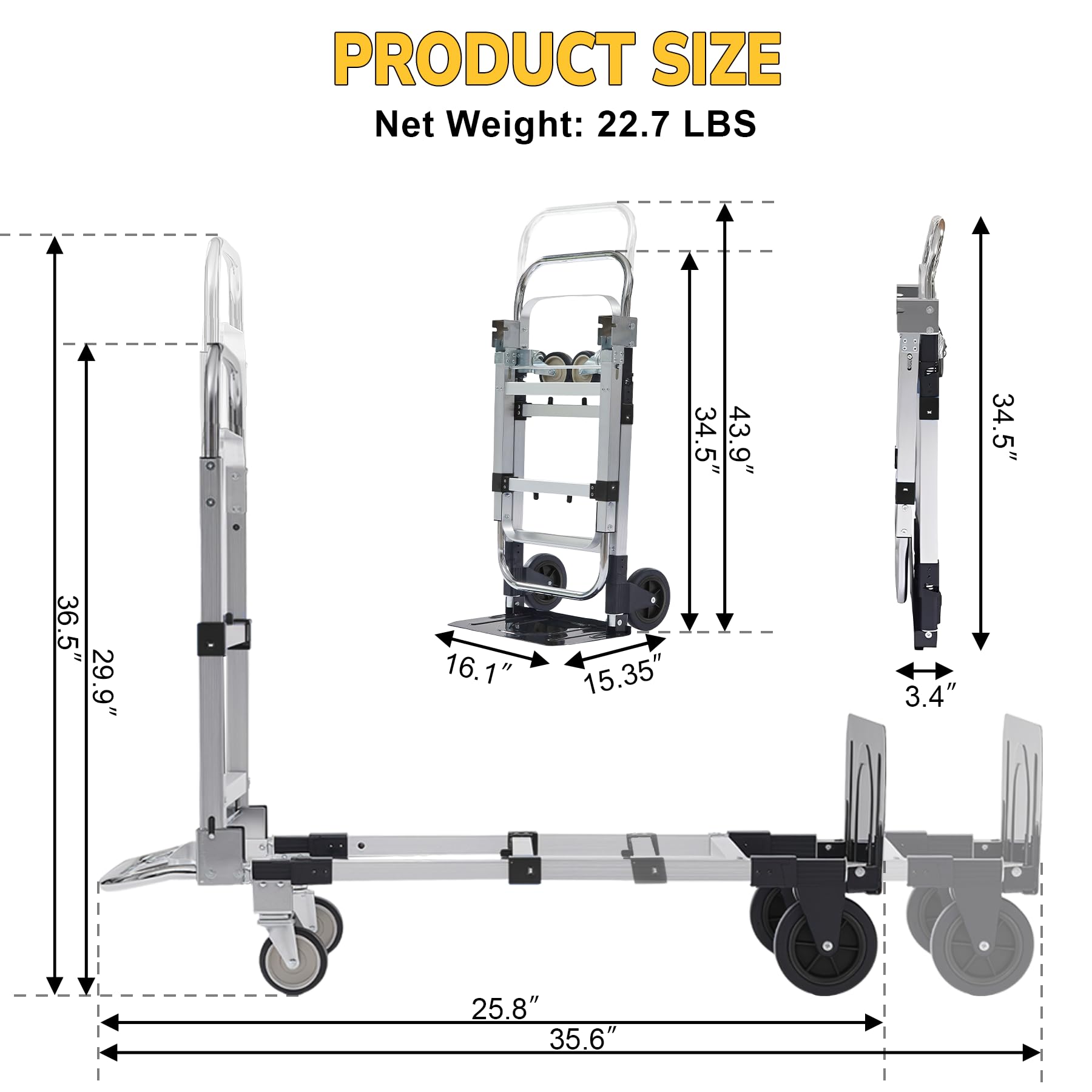 Open-Box New ZROECWT 600lbs Capacity 3-in-1 Aluminum Folding Hand Truck