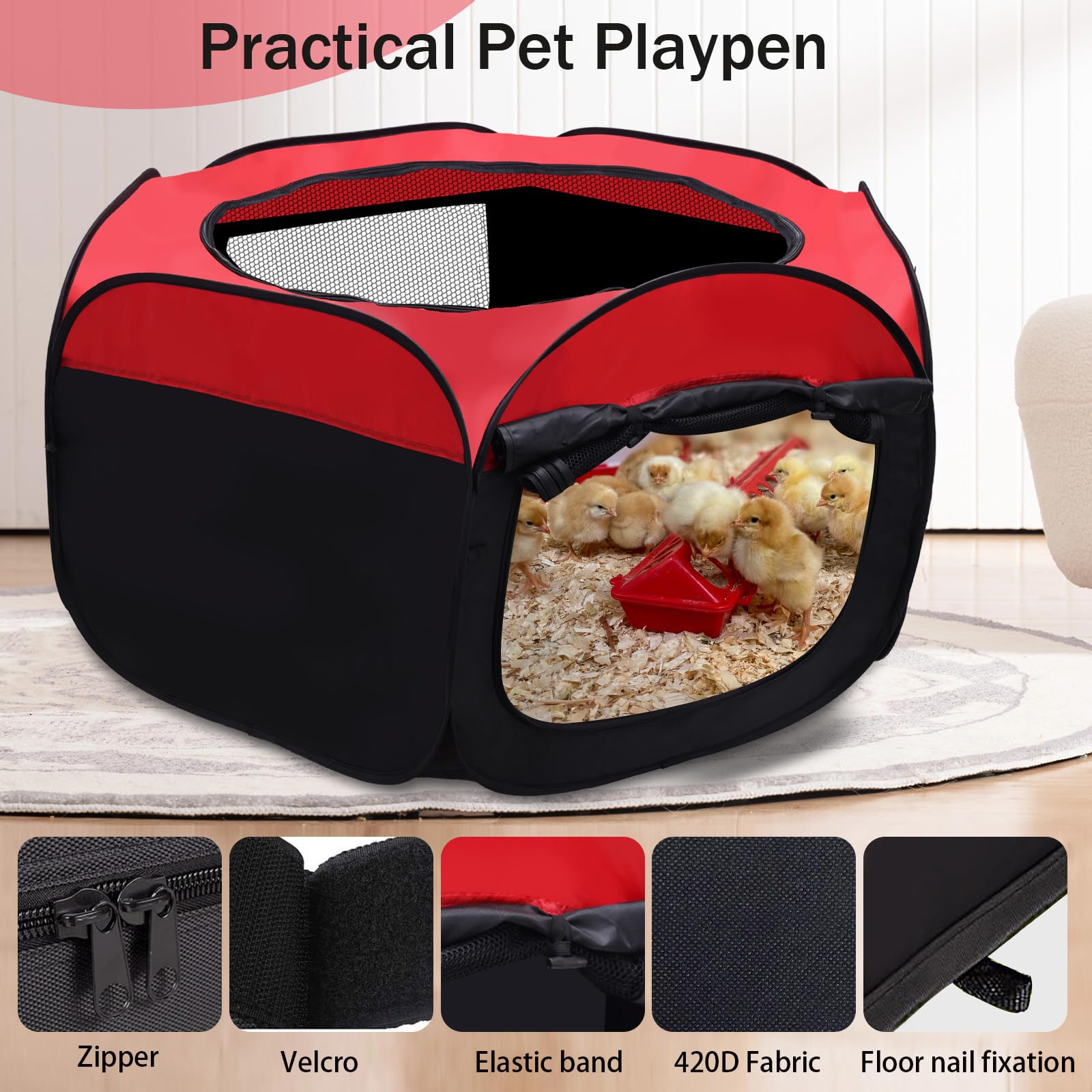 Foldable Portable Pet Brooder Box Playpen Black-Red Oxford Fabric