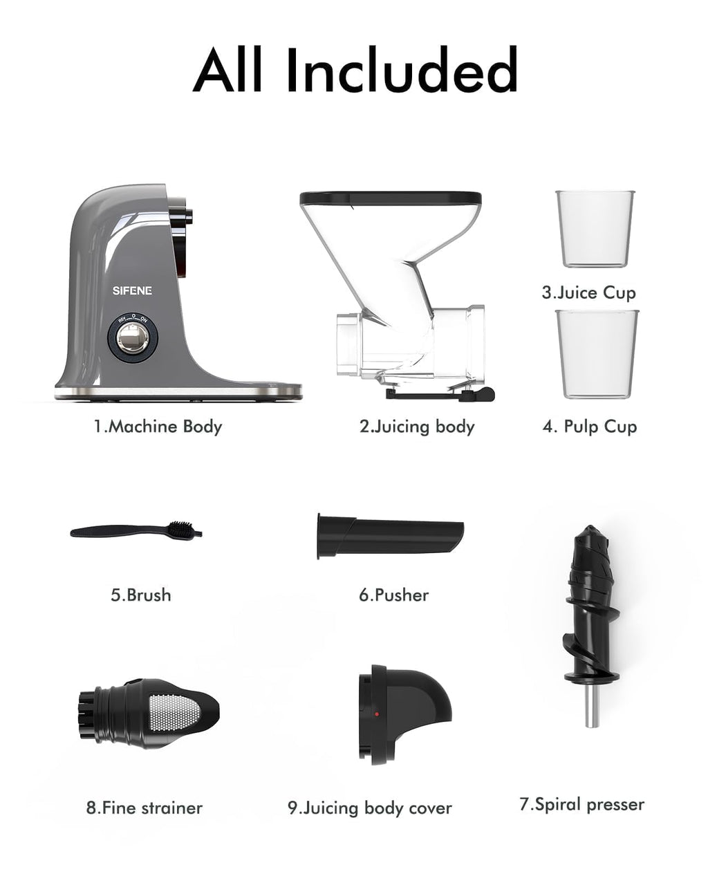 Gray Electric Single Auger Masticating Juicer Compact Slow with Dual Feed Chute for Fruits  Vegetables