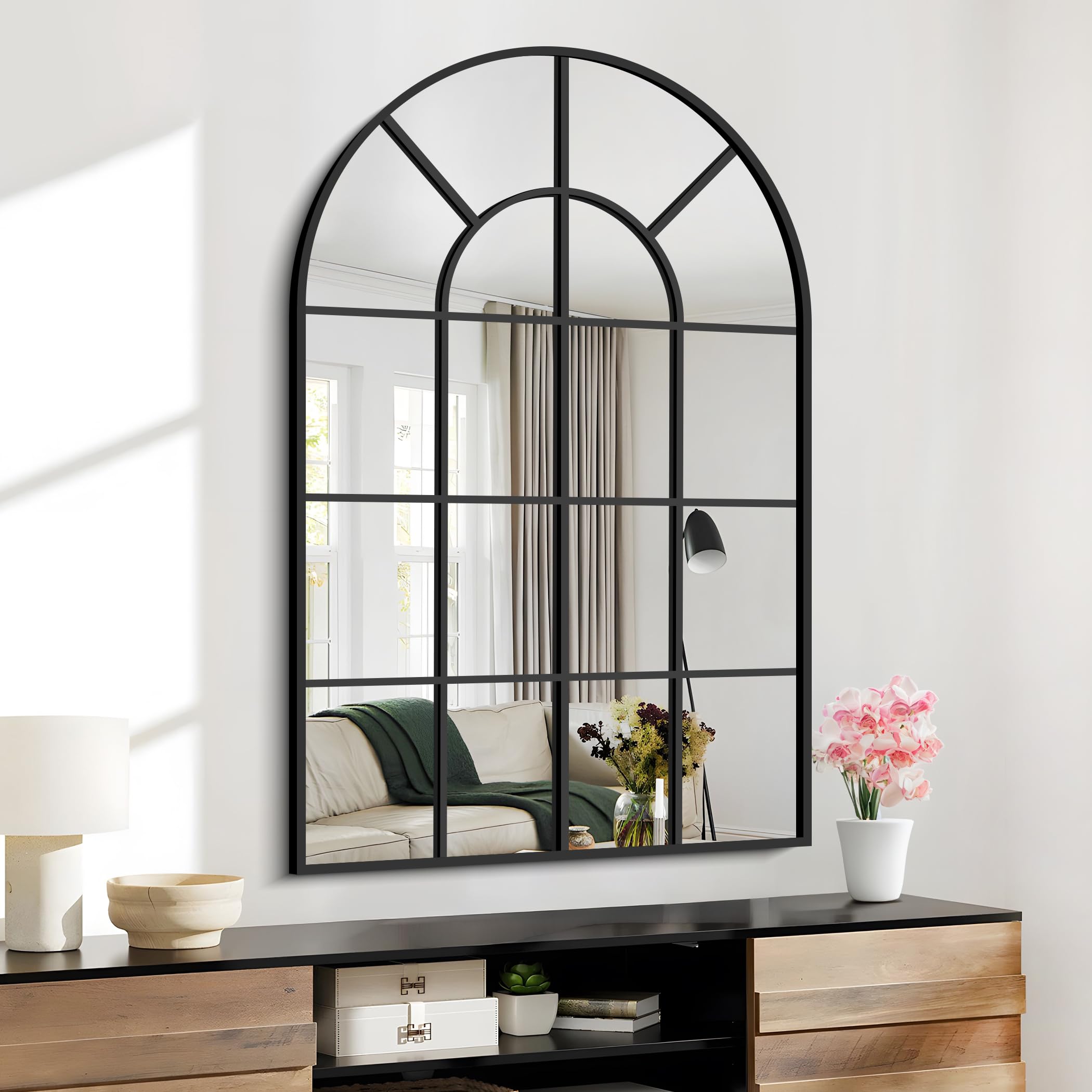 New GLASHOM 30x48 Black Arched Window Pane Wall Mirror Retail $149.00