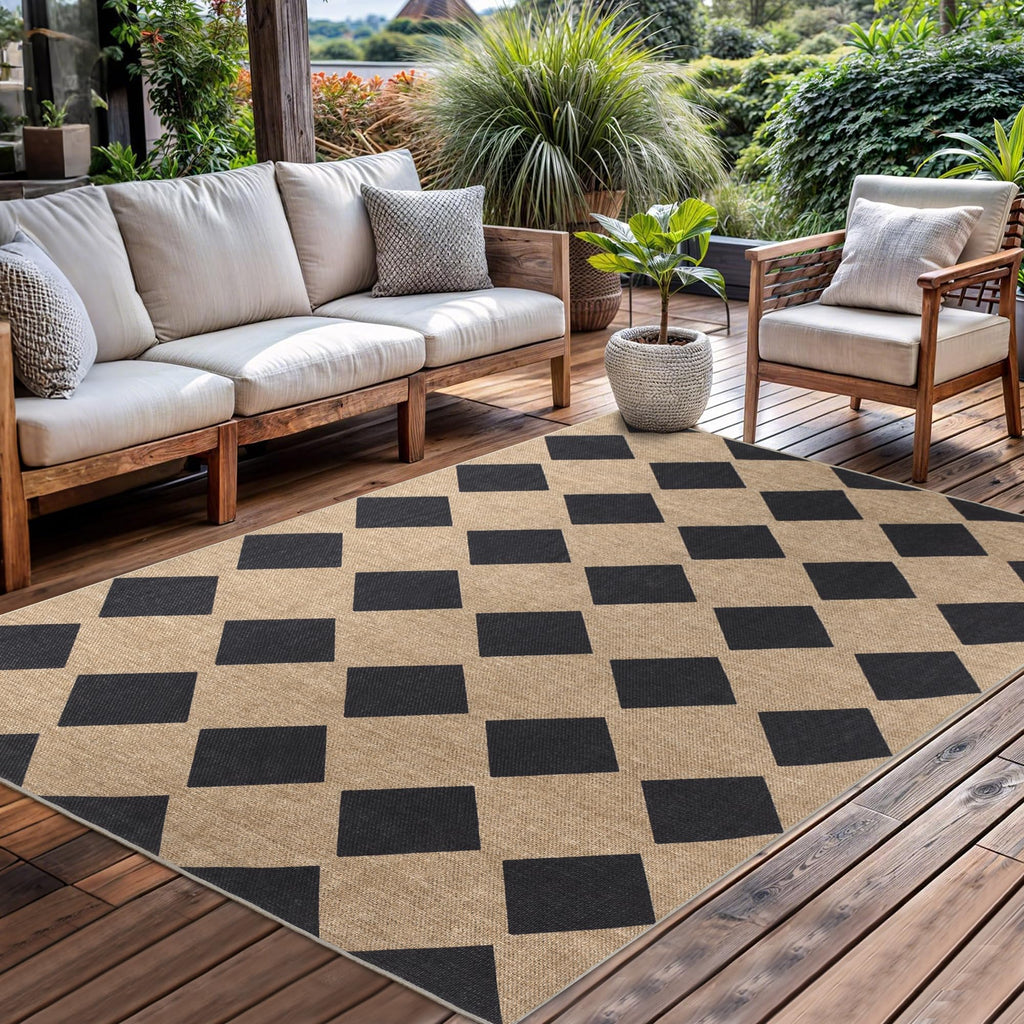 Open-Box New Zeeinx Checkered 5x7 Outdoor Patio Area Rug - Washable Non-Slip Black Retail $40.00