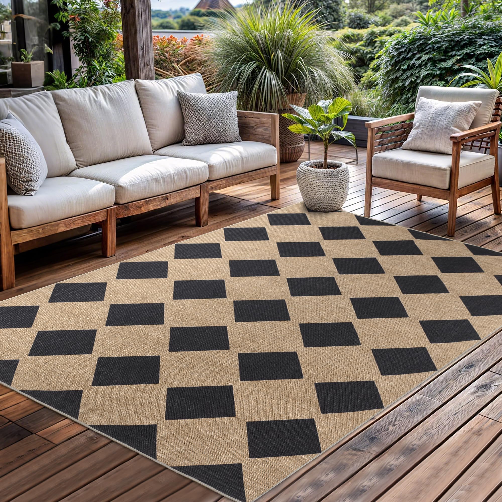 Open-Box New Zeeinx Checkered 5x7 Outdoor Patio Area Rug - Washable Non-Slip Black Retail $40.00
